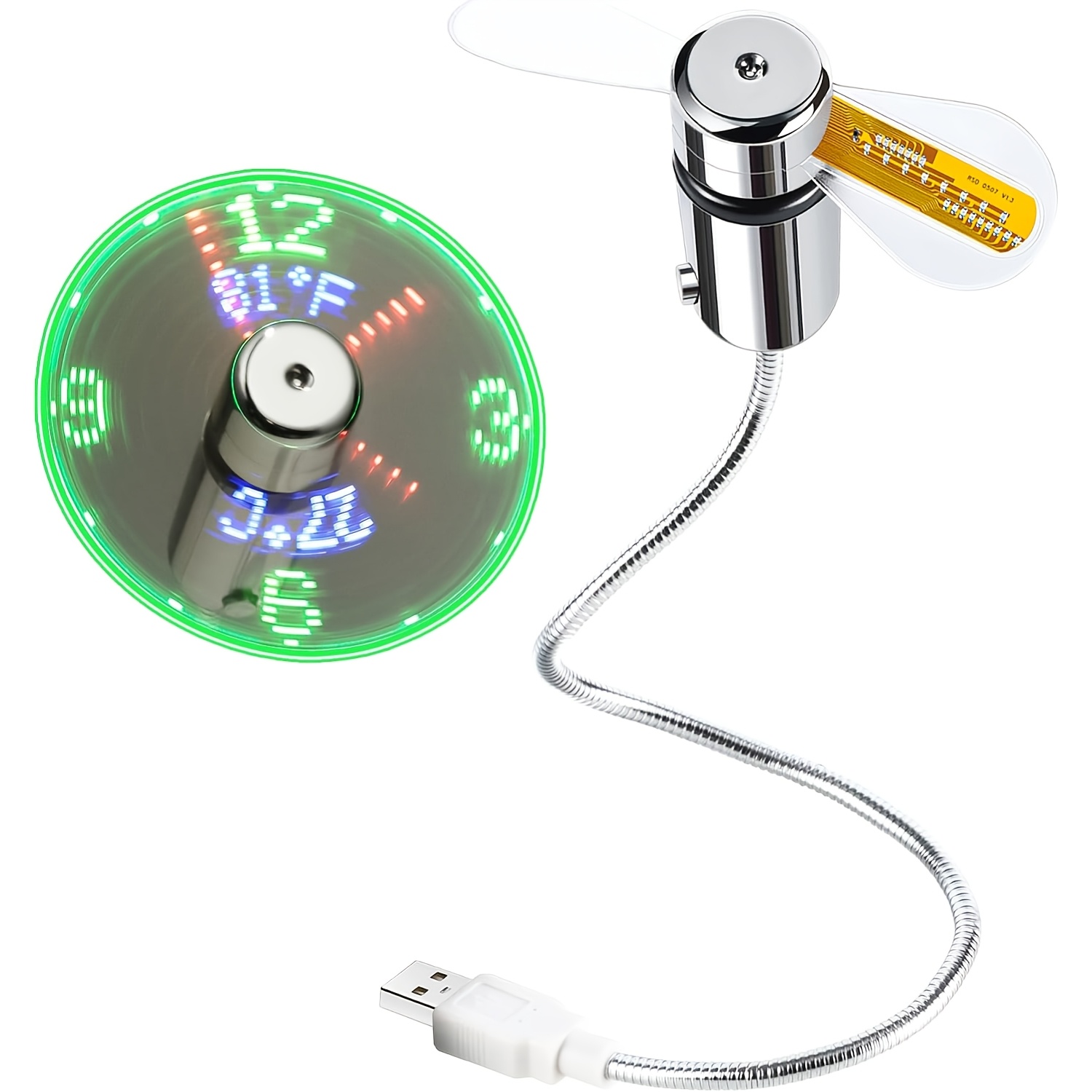 TEMU Flexible Usb Led Clock Fan With Real-time Temperature Display, Adjustable Time, Dual Temperature Display In And , Usb-powered Portable Mini