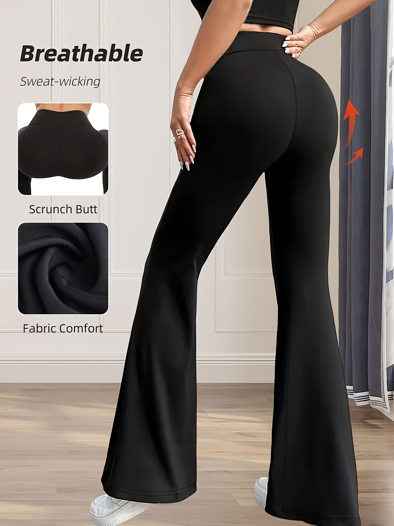 Women's High-Waisted Black Flared Pants - High-Elastic Lightweight Breathable Yoga & Dance Pants with Tummy Control, 4-Way Stretch, Line-Up Hips for Casual & Workout Wear, Yoga Pants