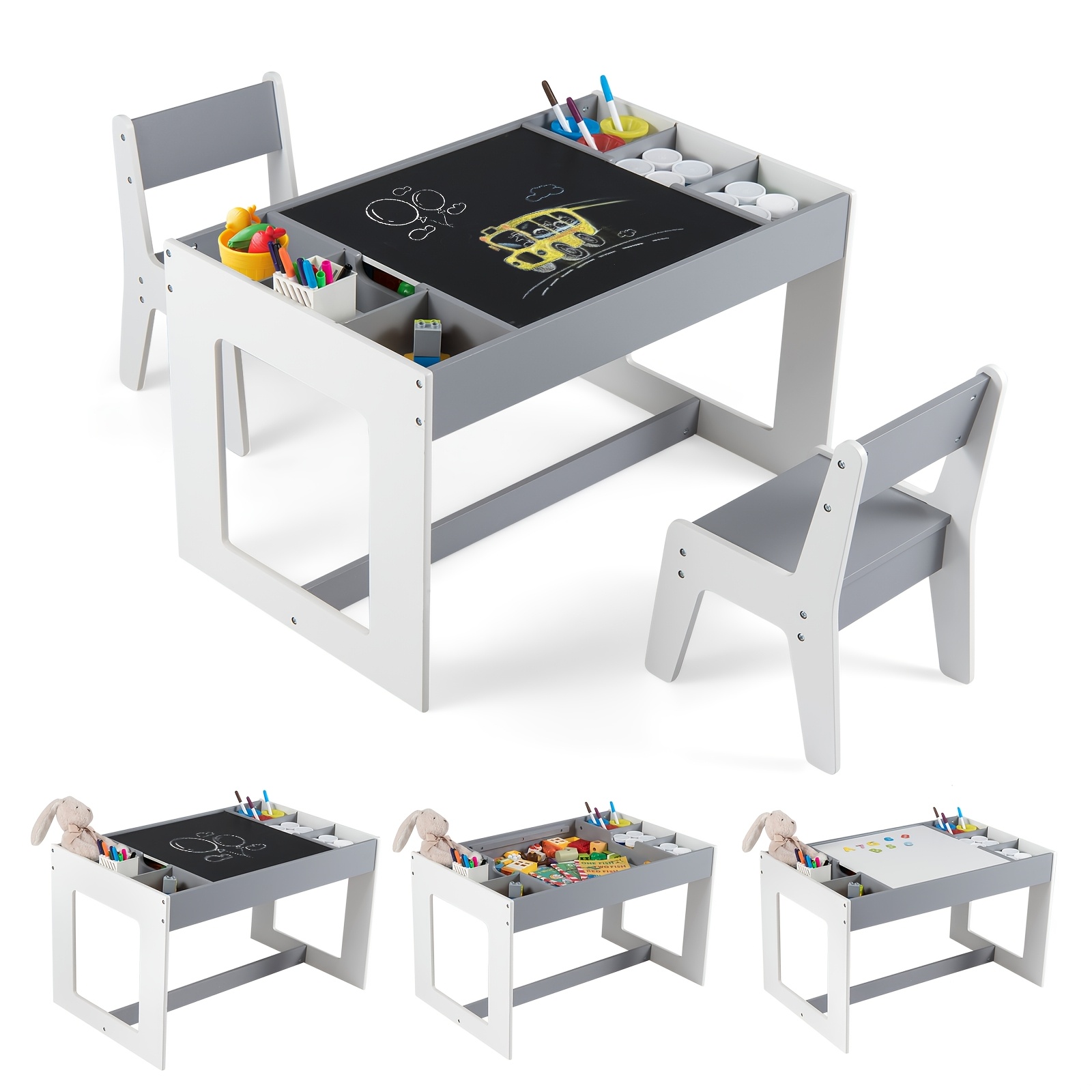 TEMU Ensemble Table et 2 Chaises pour Enfants, Table d'Activités en Bois pour Enfants avec Plateau Amovible Double Taille, Noir et Blanc,