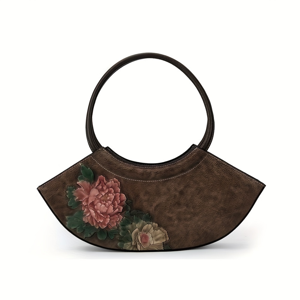 Vintage Floral Genuine Leather Handbag for Women - Lightweight Top-Handle Messenger Bag with Lace Embellishment, Adjustable Strap, Zipper Closure, from Guangzhou - Elegant Occasion with Positioning Printing And Paint