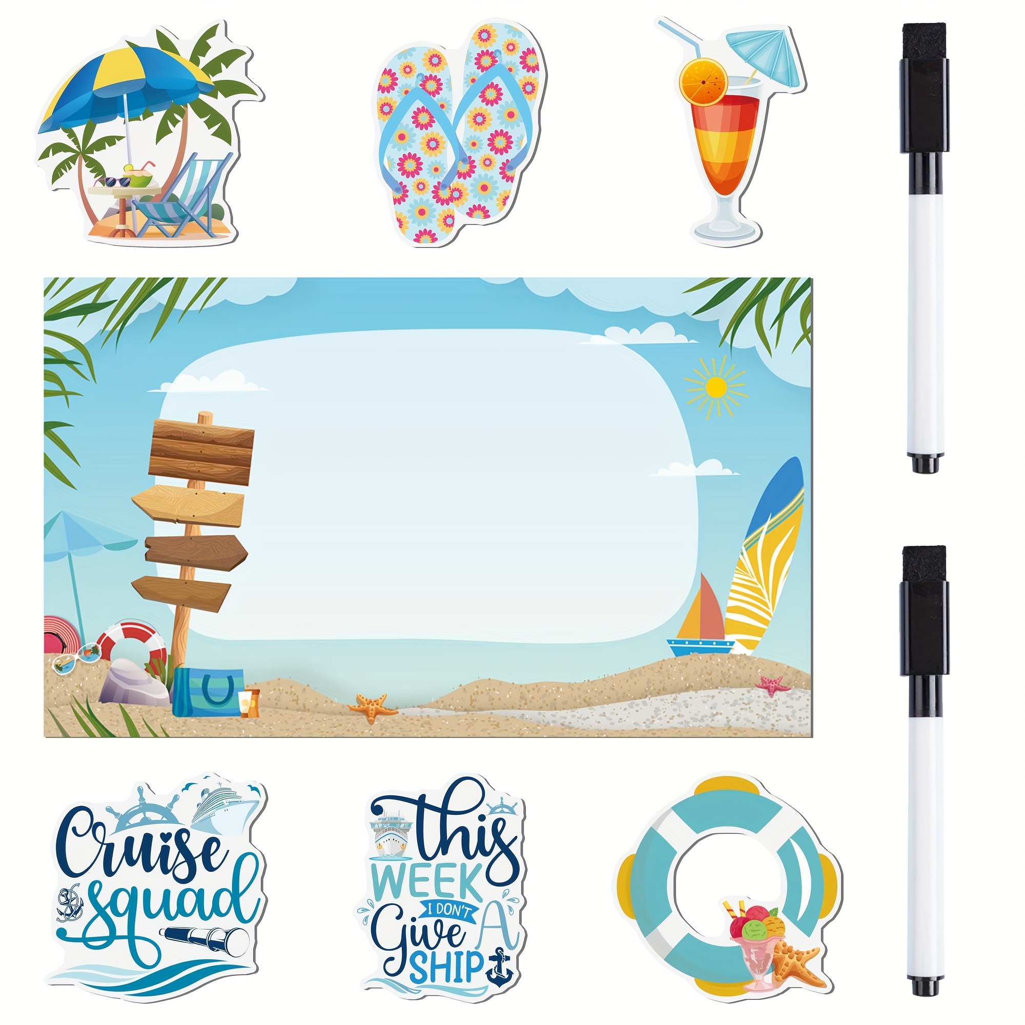 TEMU Cruise Door Magnets Decorations - 9pcs Cruise Door Decor With 2 Pens, Magnetic Stickers, Cruise Refrigerator Door Decorations, Cruise Cabin Door