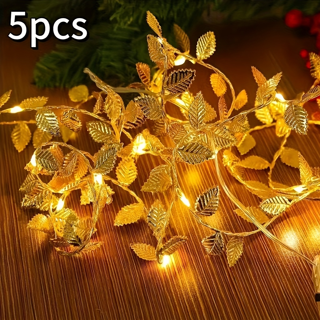 TEMU 1/2/3/4/5 pièces Guirlande lumineuse feuille dorée 2 mètres 20 , alimentée par 2 piles AA (piles non incluses) - pour décoration de table,