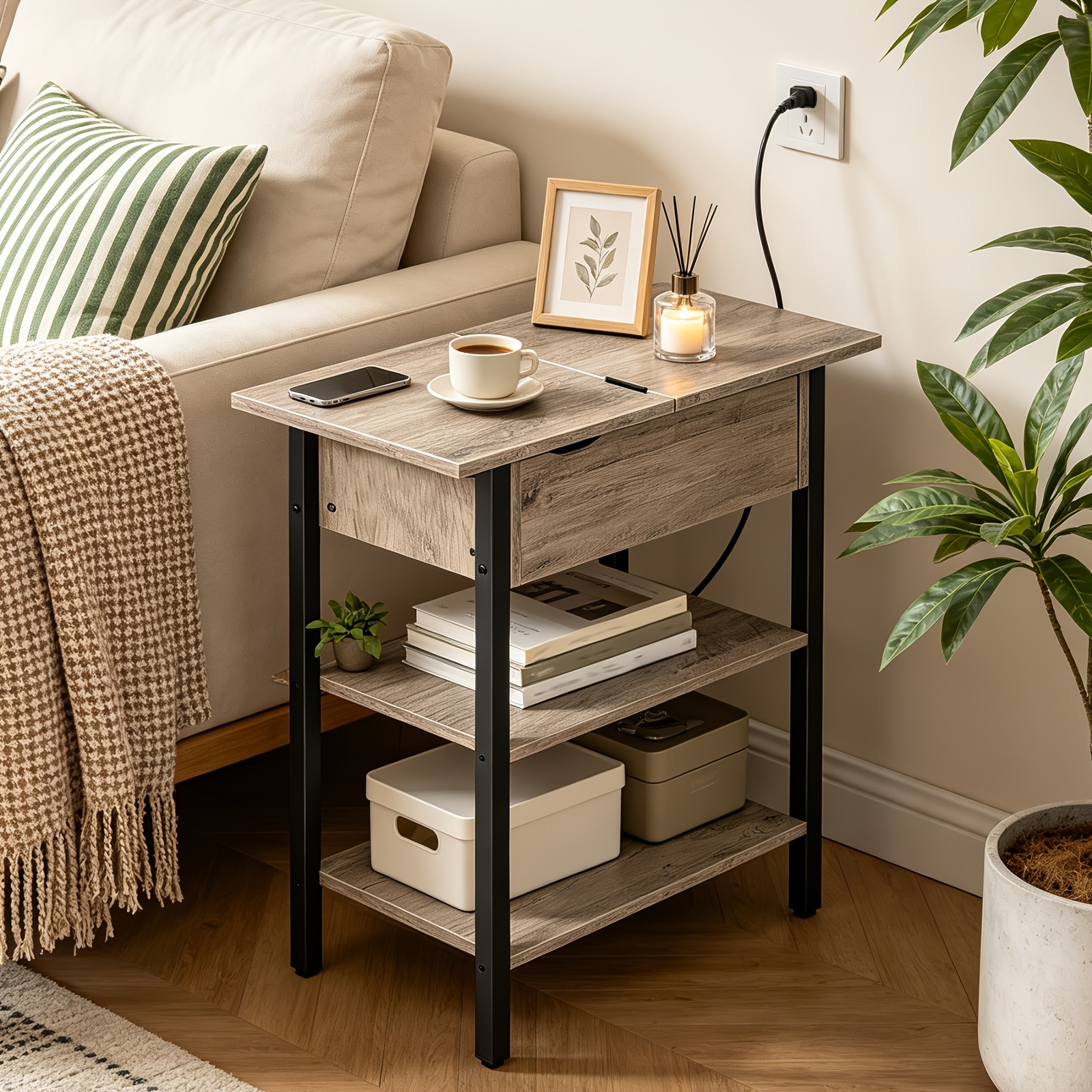 Side Table, Sofa Table With Charging Station And Storage Space, Narrow Bedside Table For Small Spaces, Bedroom, Living Room, Sturdy, -black