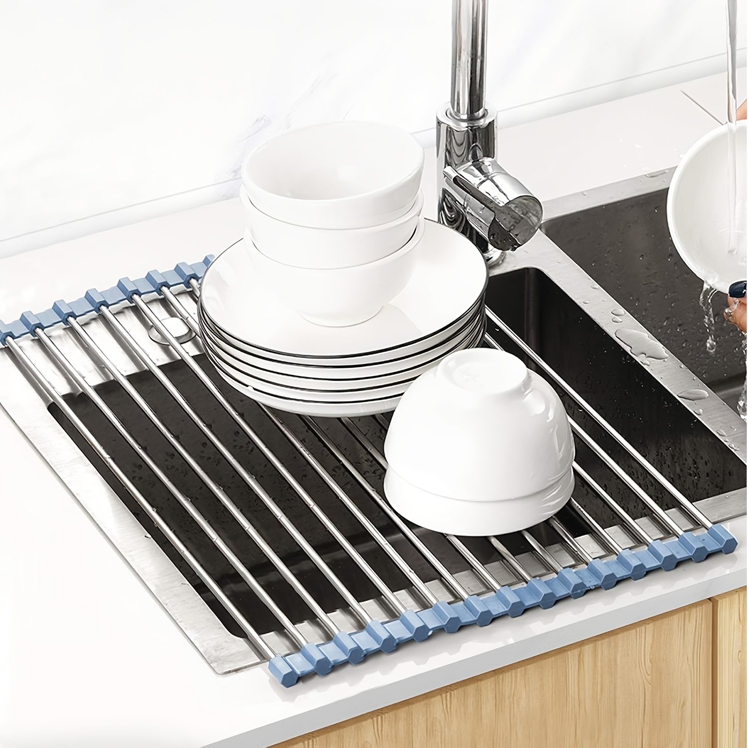TEMU '' X 13.3'' Roll-up Dish Drying Rack, Over-the-sink Foldable Dish Rack, Heat-resistant, Anti-slip Silicone Coated Steel Dish Drainer For Kitchen Sink, Multipurpose Roll-up Sink Drying Rack