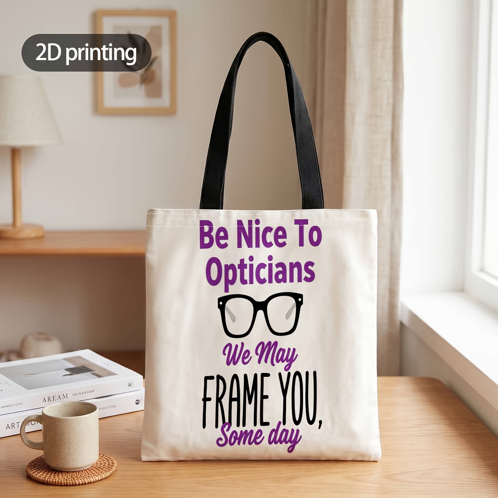 TEMU 1pc 2d Printed Handbag With To Opticians Pattern, Reusable Fashion Shoulder Bag Handbag Shopping Tote Bag Suitable For Shopping Office Vacation