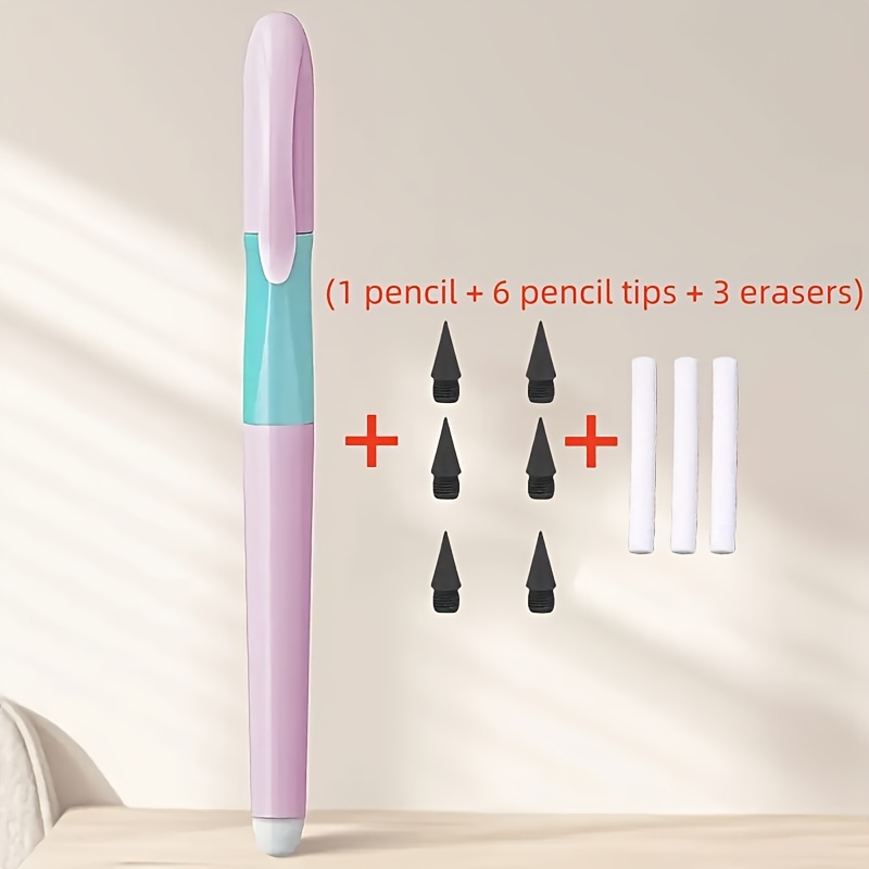 Image of 10pcs/set (1pc Pencil And 6pcs Lead And 3pcs Erasers), Durable Non-sharpening Pencil, Built-in Eraser - Visually Appealing, Ideal For Drawing And Writing, Back-to-school Supplies