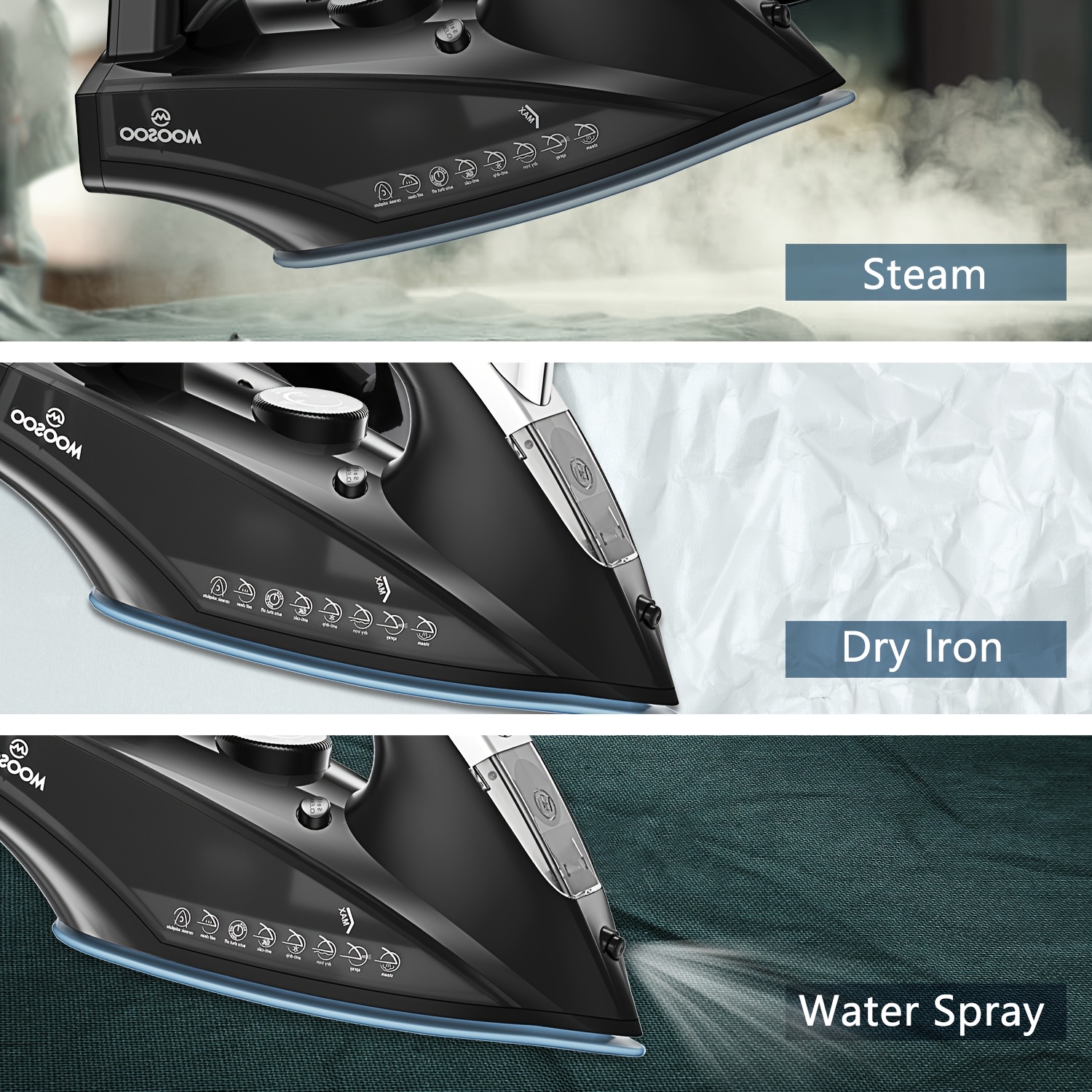 MOOSOO 1800W Professional Steam Iron, Ultra-Lightweight & Anti-Drip, 3D Ceramic Soleplate, Auto Shut-Off Safety, 30s Fast Heat Up for All Fabrics, Perfect for Home & Travel Use