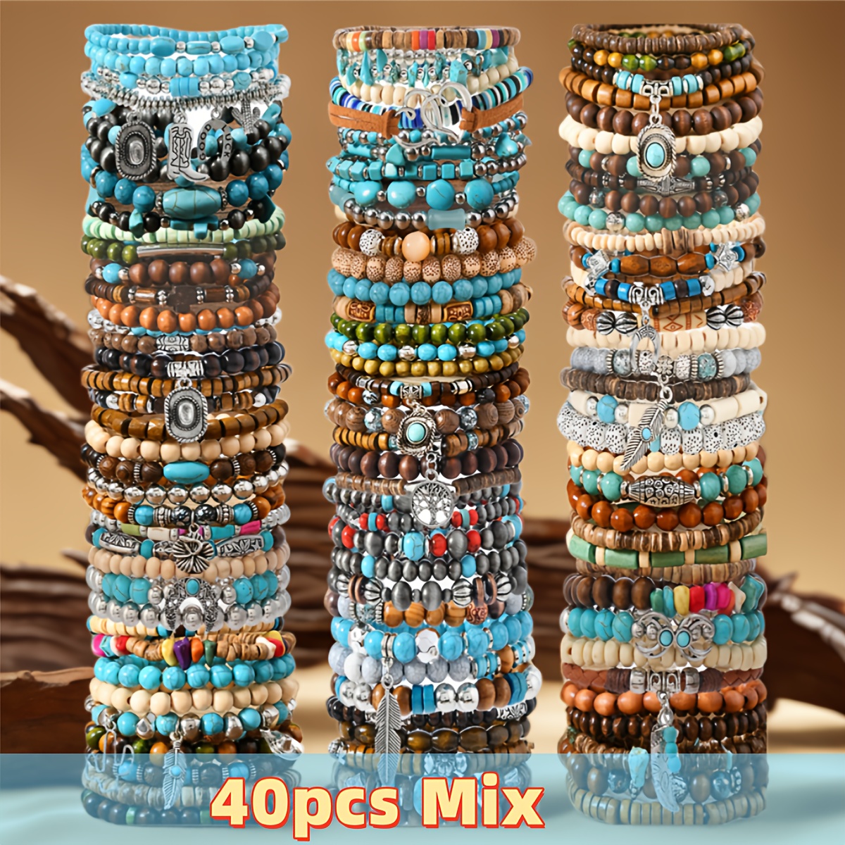 TEMU 40pcs Vintage Western Styles Wooden Bead Bracelets Set For Women - Assorted Colors Bracelet, Feather, Heart, Tree Charms, Summer Daily Wear Jewelry, Ideal Holiday Gift