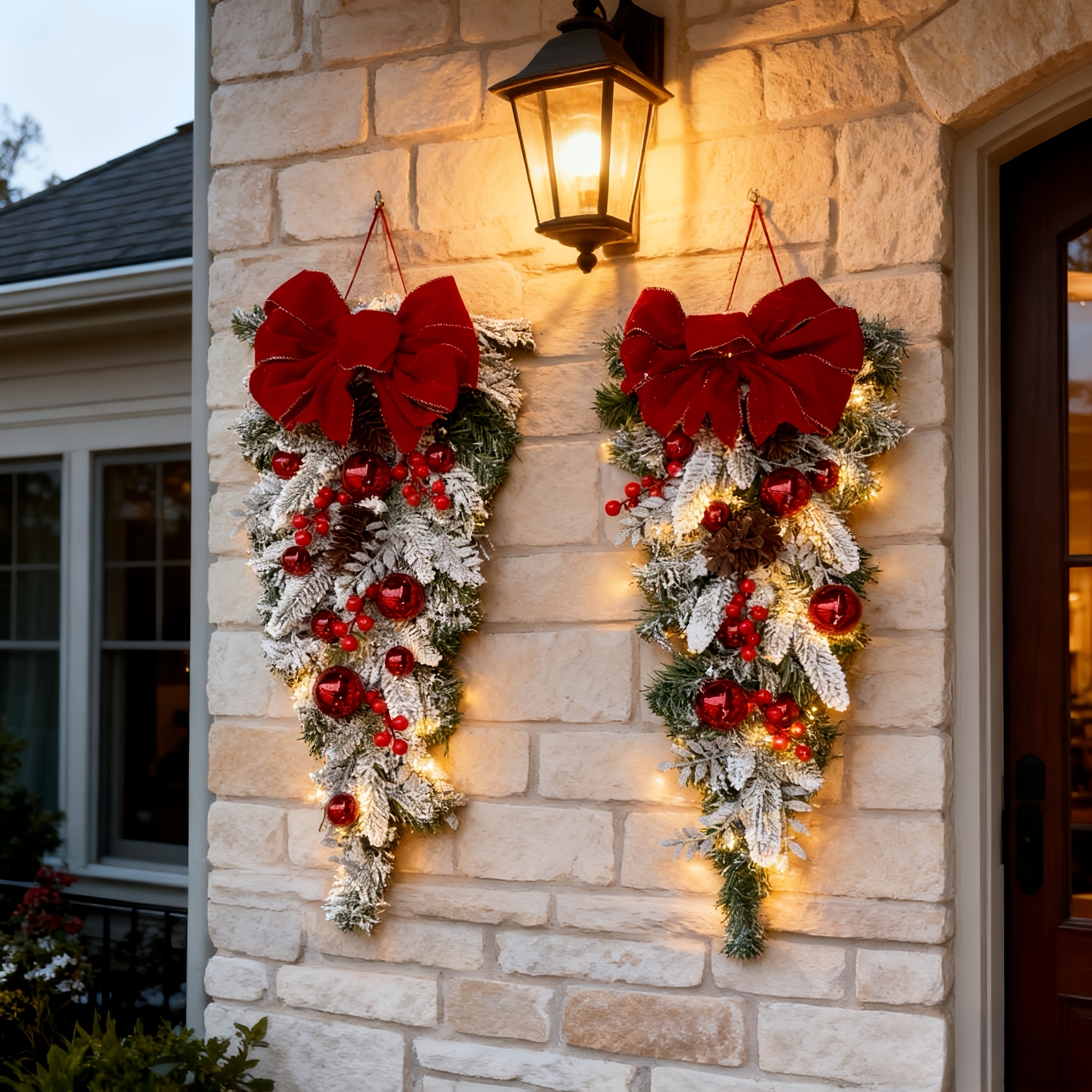 1 stuk/2 stuks/3 stuks/4 stuks Scandinavische Kerstkrans met Rode Strik & Groen Blad