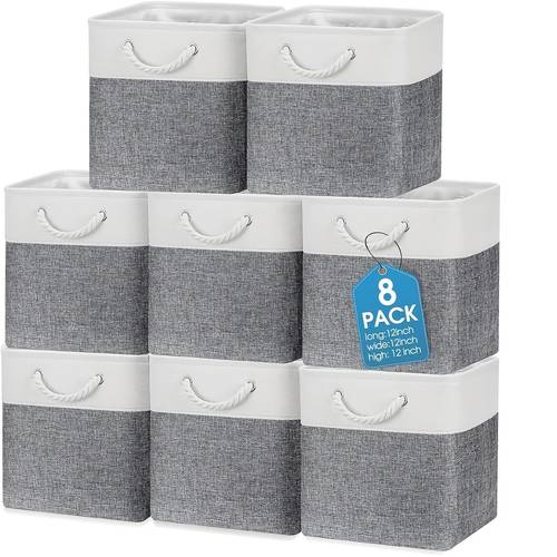 8 pack collapsible storage bins fabric storage bins polyester fabric storage baskets with handles linen closet organizer for shelf home closet towels gray white 15 x 11 x 9 5 in