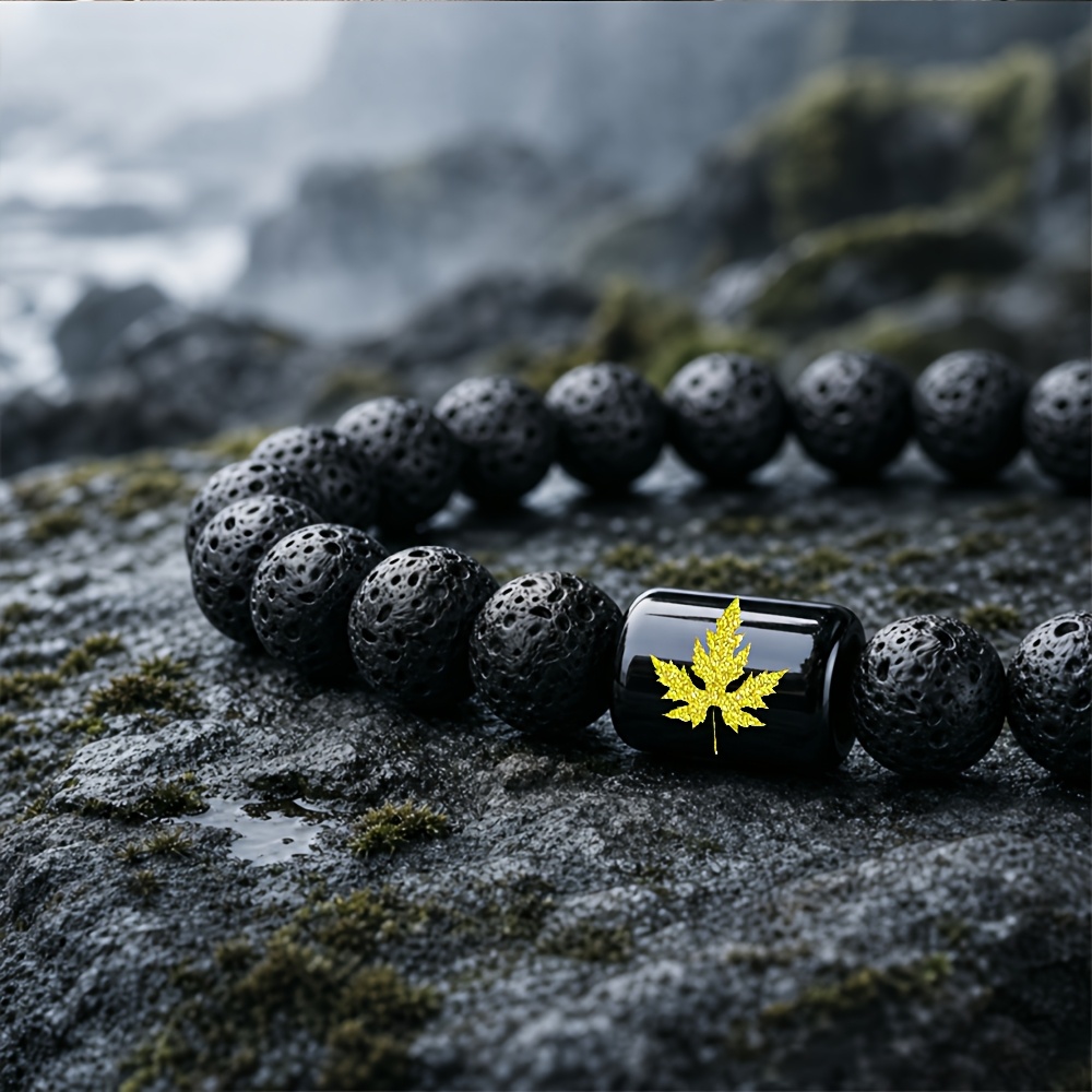 Natural Stone Beaded Bracelet with Golden Maple Leaf Accent