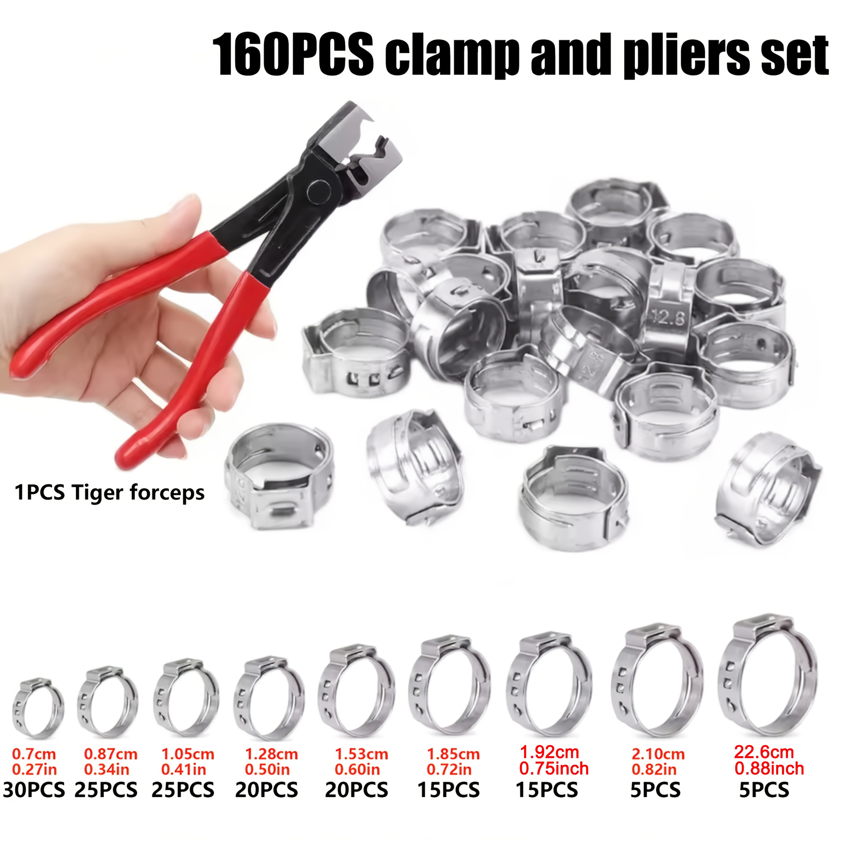 TEMU 160 Stainless Steel Single Ear Hose Clamps 9 Sizes 0.28 Inch-0.88 Inch Plus 1 Single Ear Clamp Plier Adjustable Worm Gear Hose Clamp Assortment