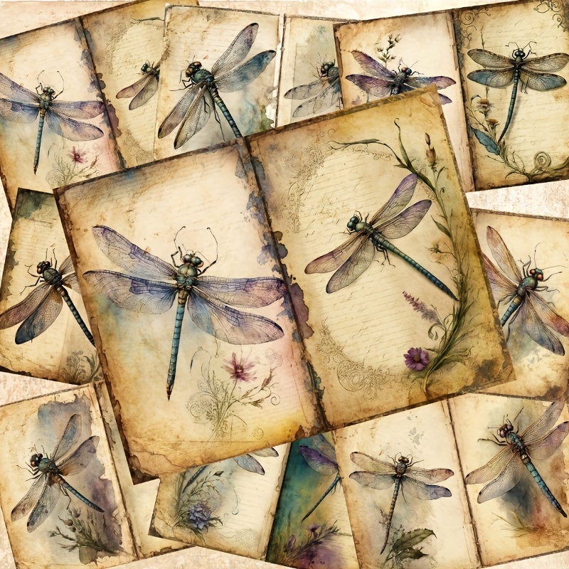 

12 Sheets Vintage Dragonfly Background Paper, Junk Journal Art Collage Decoration Materials, Handmade Forest Theme Scrapbooking Paper