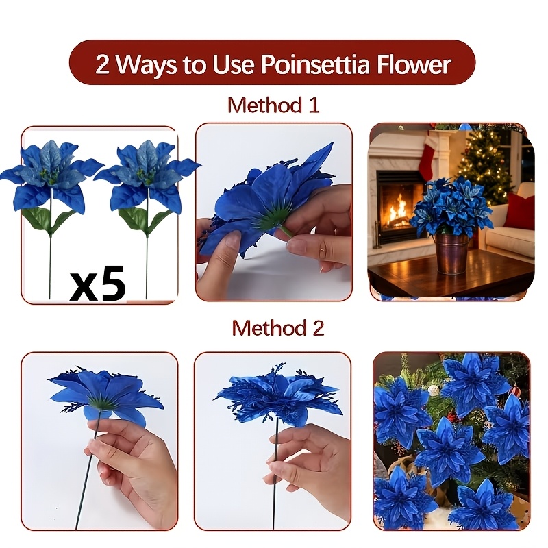 TEMU Lot de 5 pièces de décoration florale de Noël artificielle Poinsettia bleu roi rare, décoration de Noël à soi-. Convient pour une utilisation