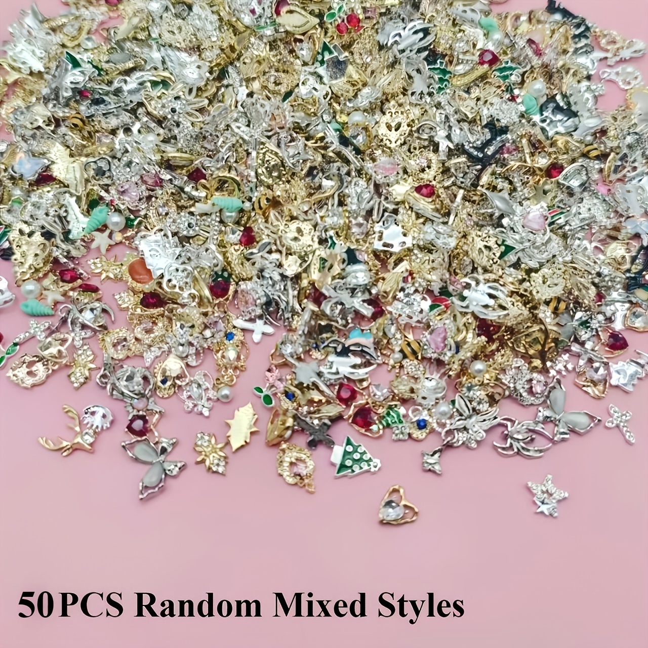 TEMU 50pcs Luxury Alloy Rhinestone Nail Art Decorations With Random Mix Designs, Including Stars, Flowers, Bows, Hearts, Butterflies, Animals, And