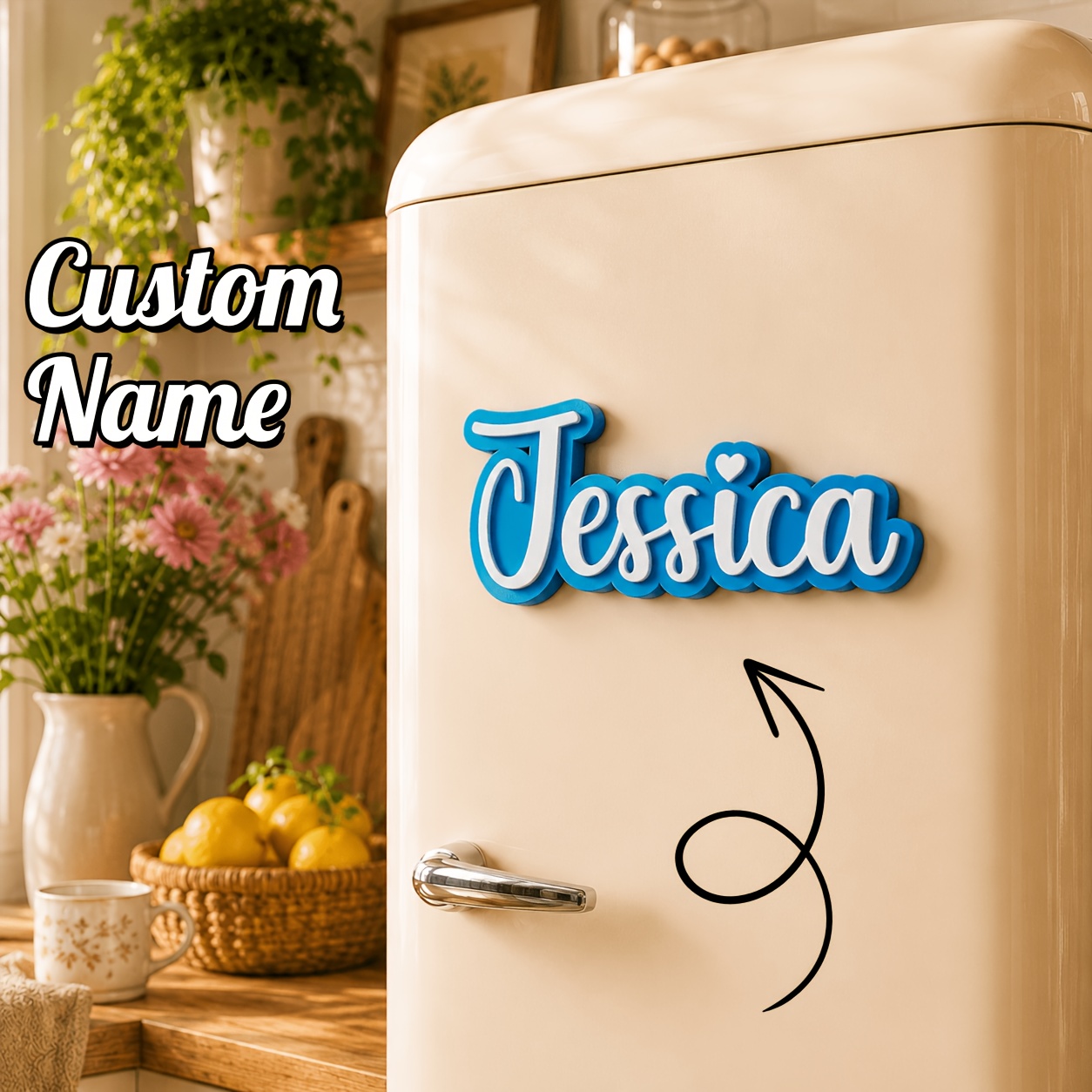 TEMU [custom] Personalized 3d Printed Name Refrigerator Sticker, Available In Multiple Colors, With Heart-shaped Embellishment Design And Magnetic
