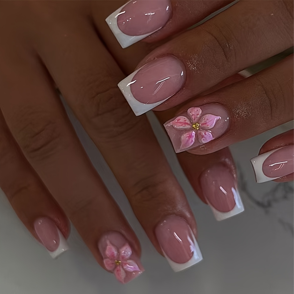 24pcs Short Square Press-on Nails, Featuring A Nude Transparent Pink Base With Classic , With Three-dimensional Cherry And Golden Bead Decorations. Nails A Gentle And Sweet Atmosphere