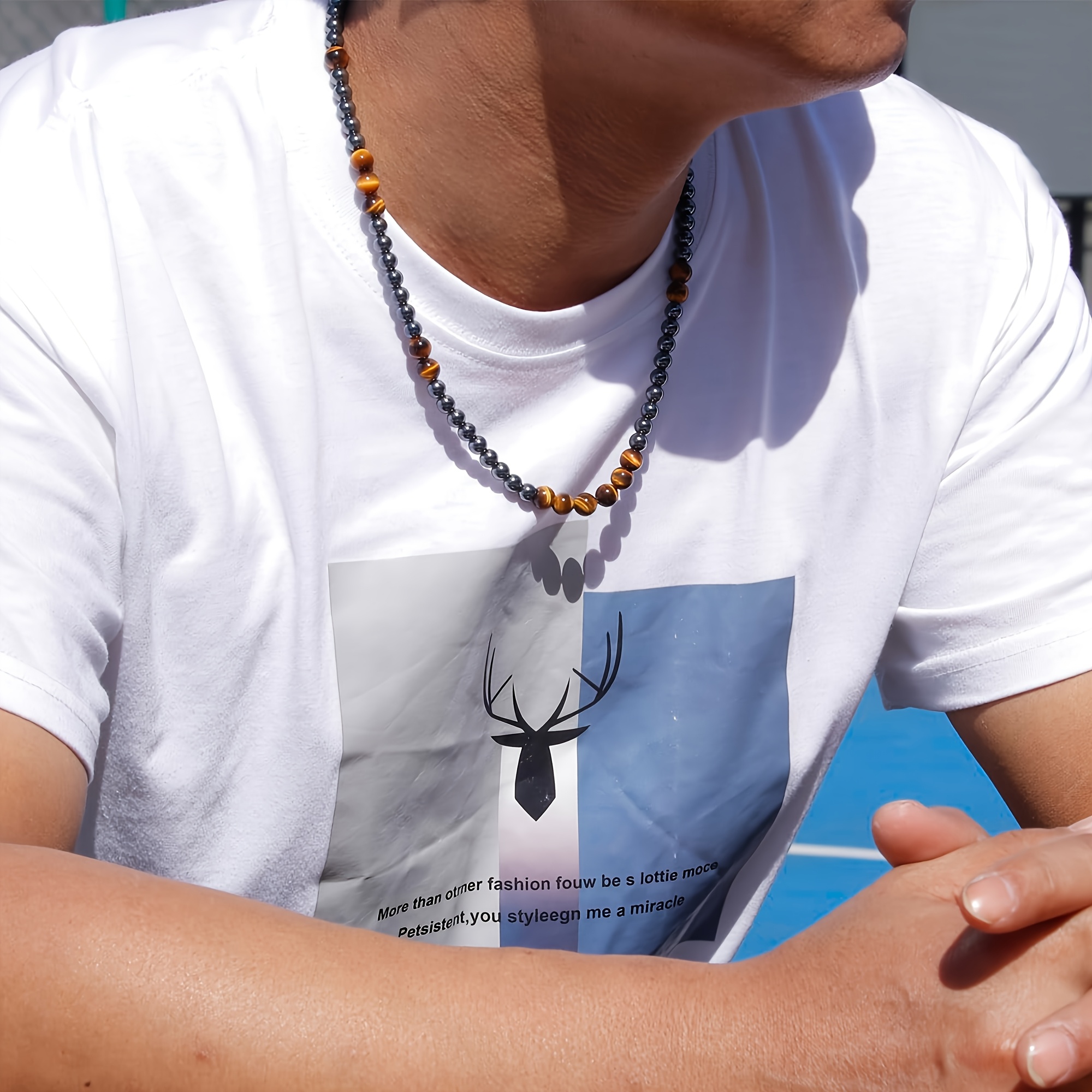 collier pour hommes en œil de tigre & perles dhématite -    , protection équilibrée et   Détails du produit 2