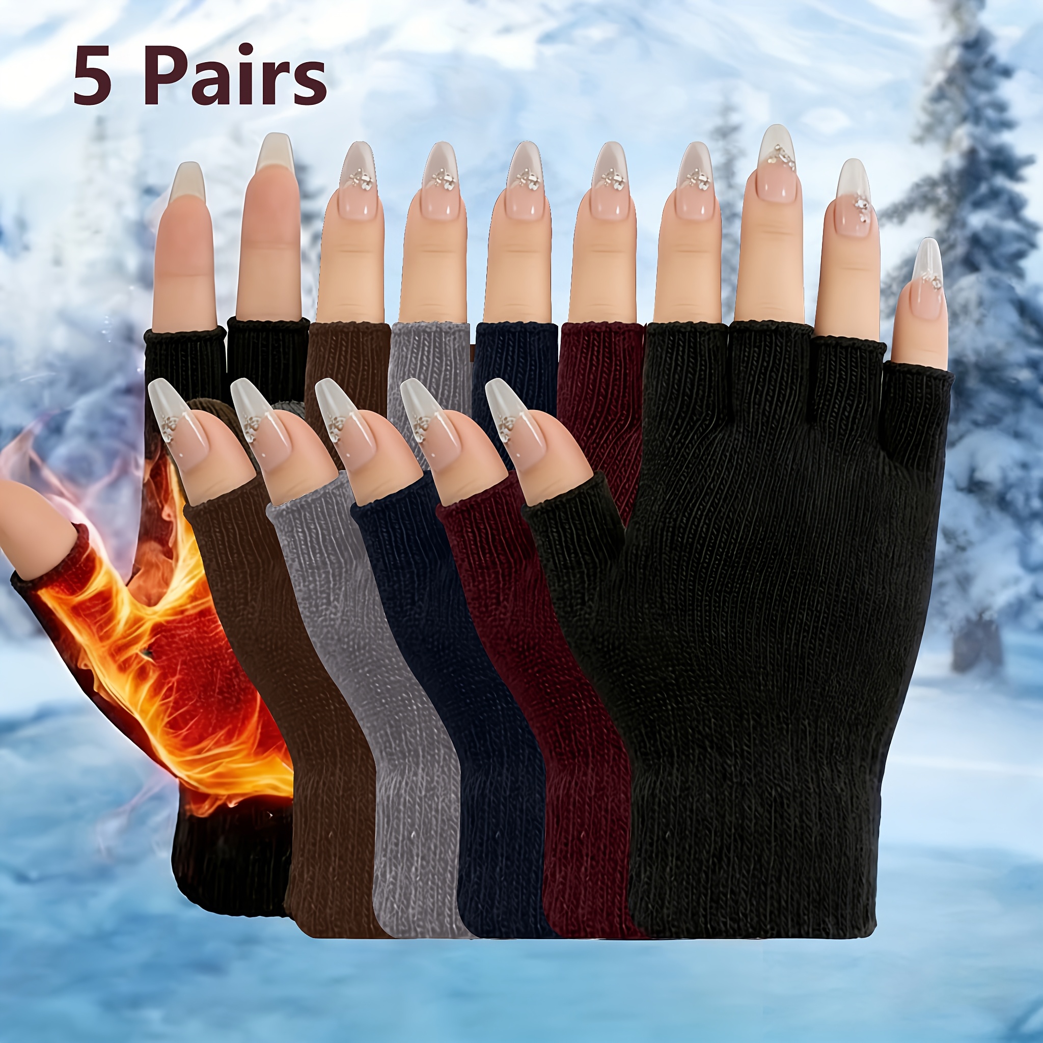 TEMU Lot de 5 gants demi-doigts unisexes : Gants d'hiver compatibles avec les écrans , coupe-vent et chauds pour hommes et femmes ; Gants d'extérieur