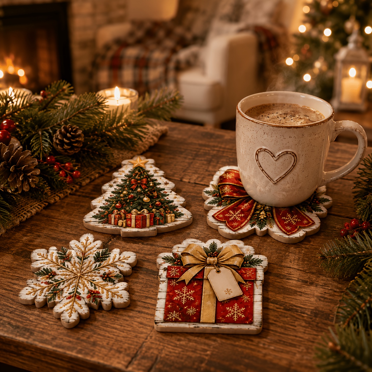 TEMU 4pcs Christmas Wooden Coasters Set, Christmas Tree Bow Snowflake Gift Box Drink Coasters, Holiday Table Decor And Hanging Ornaments For Home