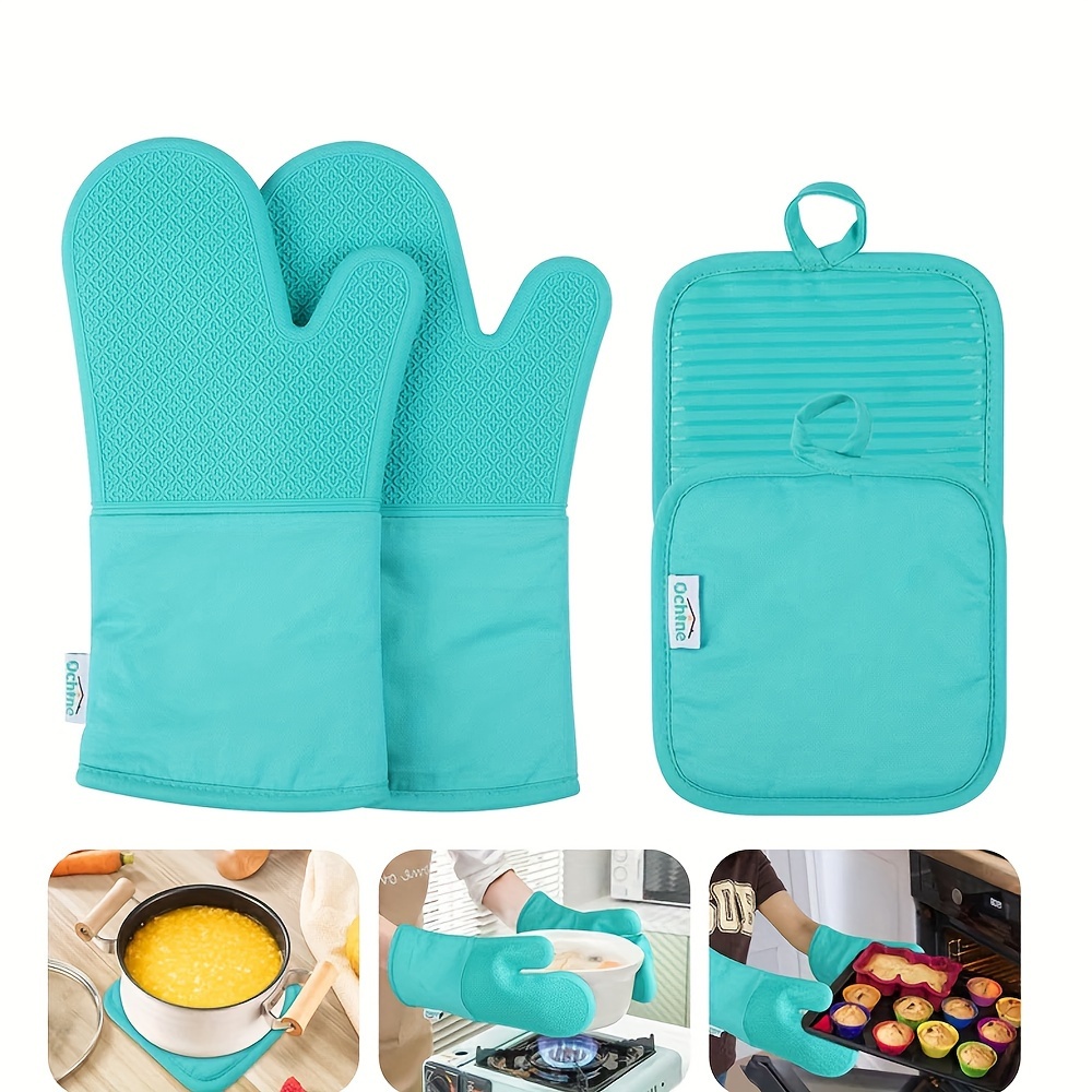 Oven Mitts And Pot Holders Set Of 4, 2 Pcs Long Silicone Baking Oven ...