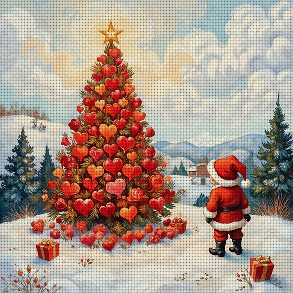 DIY Printed Cross-Stitch Kit, Santa Claus and Heart-Shaped Christmas Tree Pattern