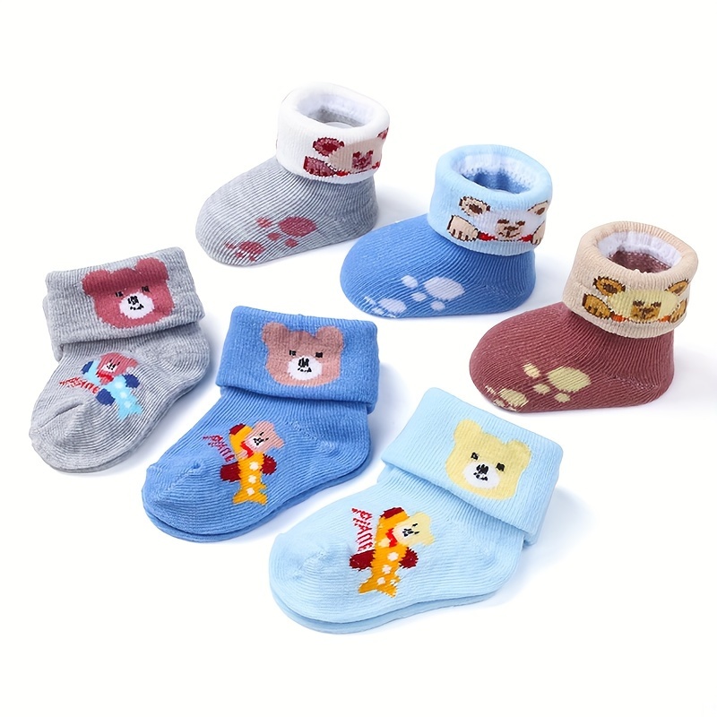 

6 paires de chaussettes mi-mollet pour bébé garçon avec motif d'ours de dessin animé, confortables, respirantes et mignonnes pour toutes les saisons, cadeau créatif