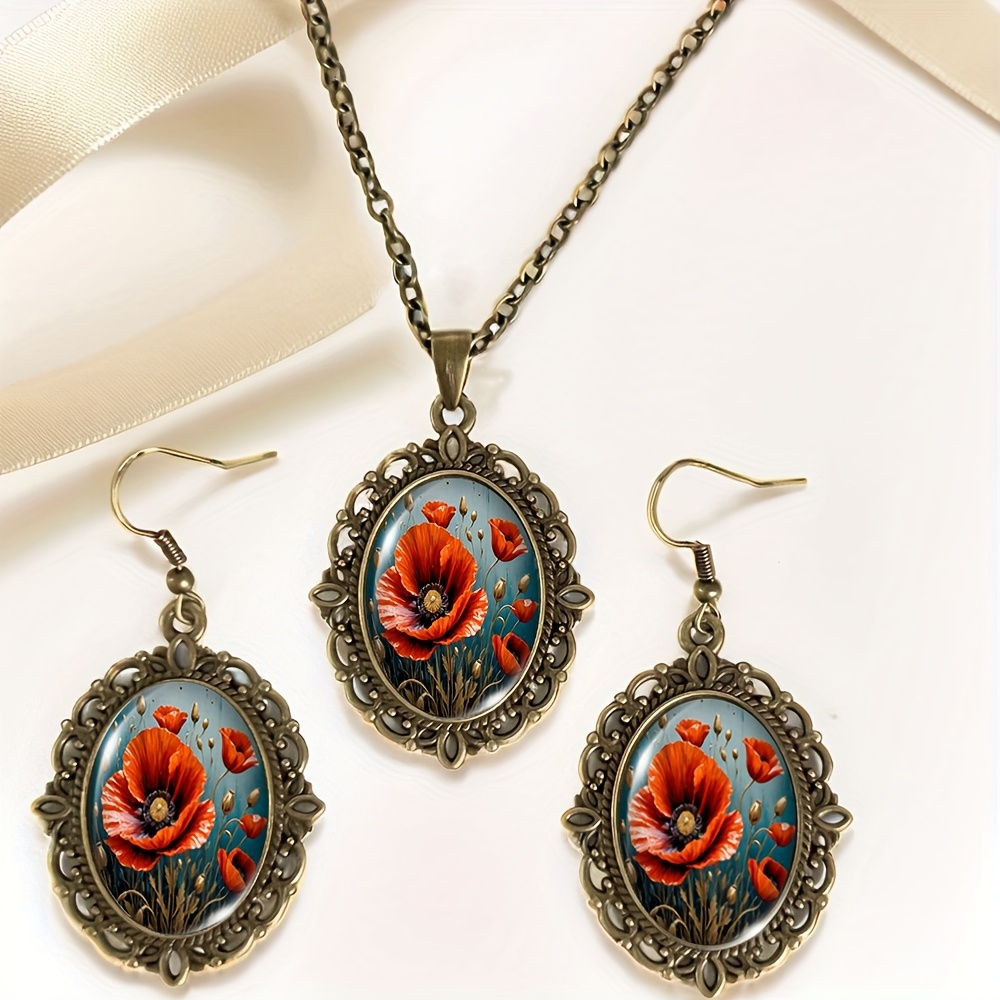 TEMU 3 Pezzi Set Gioielli con di : Collana e Orecchini con Cabochon in Vetro Ovale
