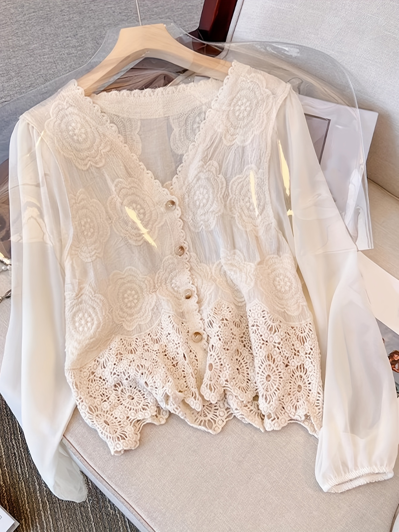 womens floral lace blouse elegant v neck button shirt bell Temu