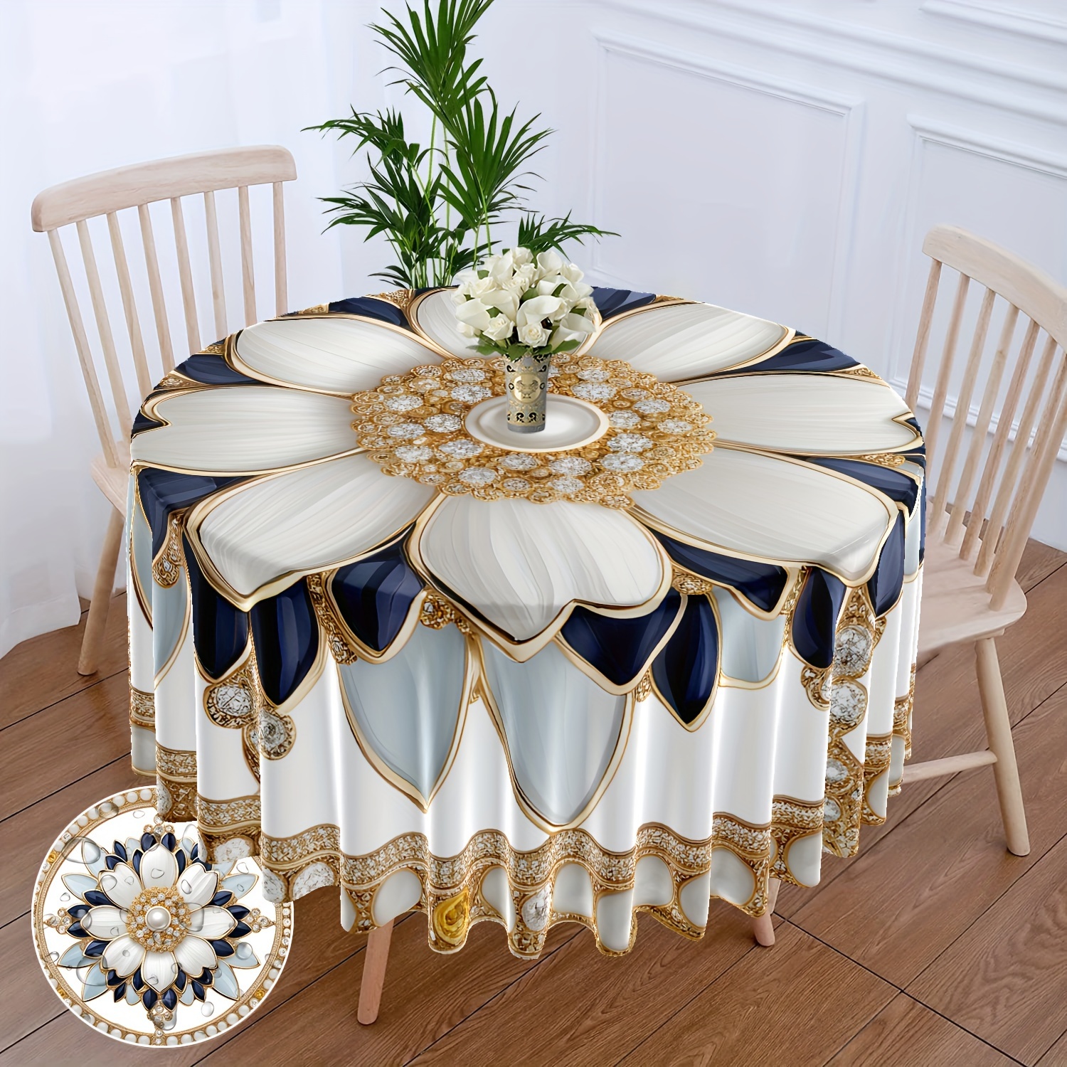 

Round Floral Tablecloth 63" - Waterproof Polyester Table Cover With Diamond Pattern, Modern Luxury Style, Machine Woven, Multi-purpose For Patio, Dining, Bbq, Picnic - 1 Piece