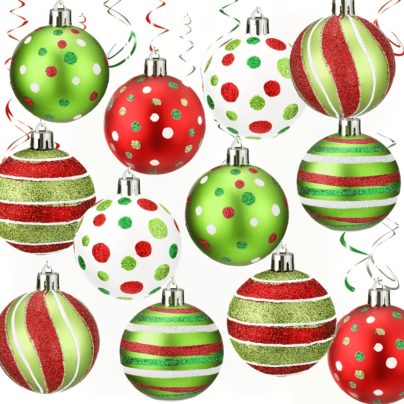 TEMU 12pcs 12pcs Shatterproof Plastic Christmas Ornaments Suitable For Decorations, 12 Spheres With Red White Green Striped Polka Dot Hanging Balls,