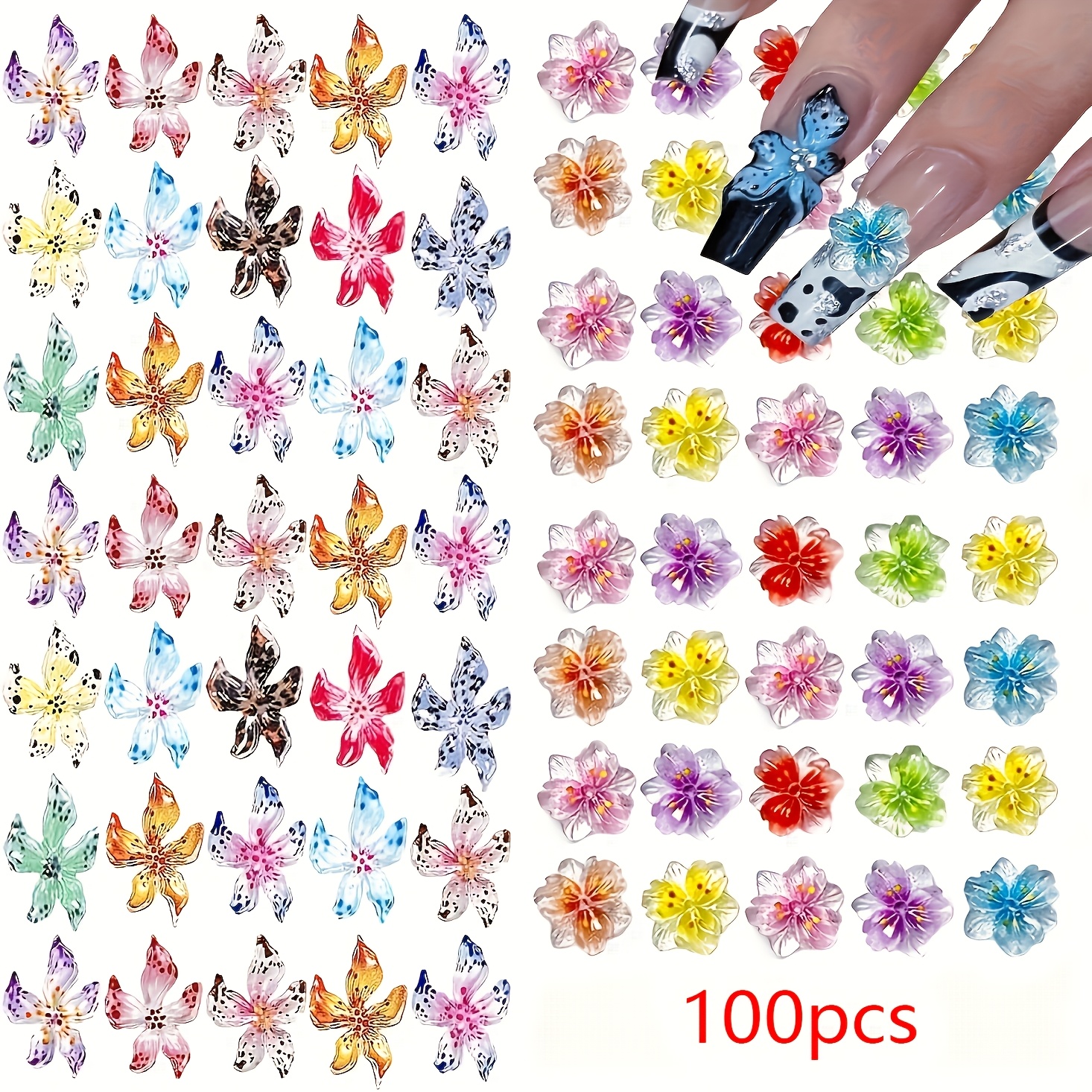 TEMU 30/50/100pcs Multicolor Soft Resin Flower And Gemstone Nail Art Kit - 5-petal Layered /pre-made Nail Decorations With Pastel And Neon Colors,