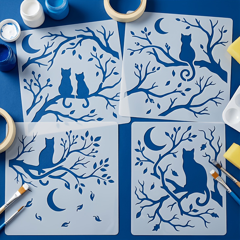 E-shop 4er-Set Katzen- und Baumzweig-Schablonen | Elegante Katzen, Zweige, Blätter, Mond-Designs, 6" Wiederverwendbare Kreative