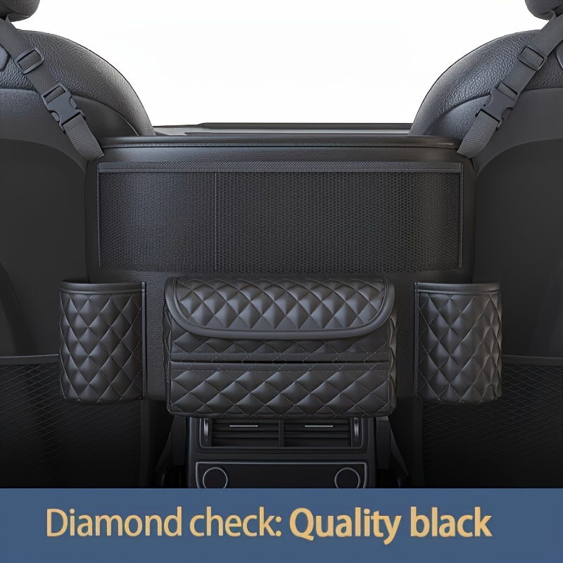 TEMU Multi-functional Car Seat Organizer With Diamond Pattern - Includes Storage Bag, Tissue Box Holder & Cup Slot - Black, No Power Needed, Storage & Organization For Home & Garage