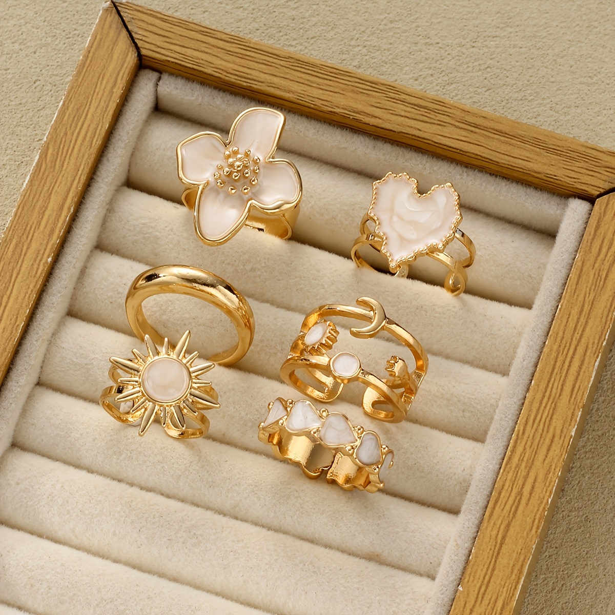TEMU 6pcs Women's Fashion Personality Ring Set - Stylish, Minimalist, Luxurious, High-quality, Heart, Flower, Sun, Irregular, Bohemian Style Women's