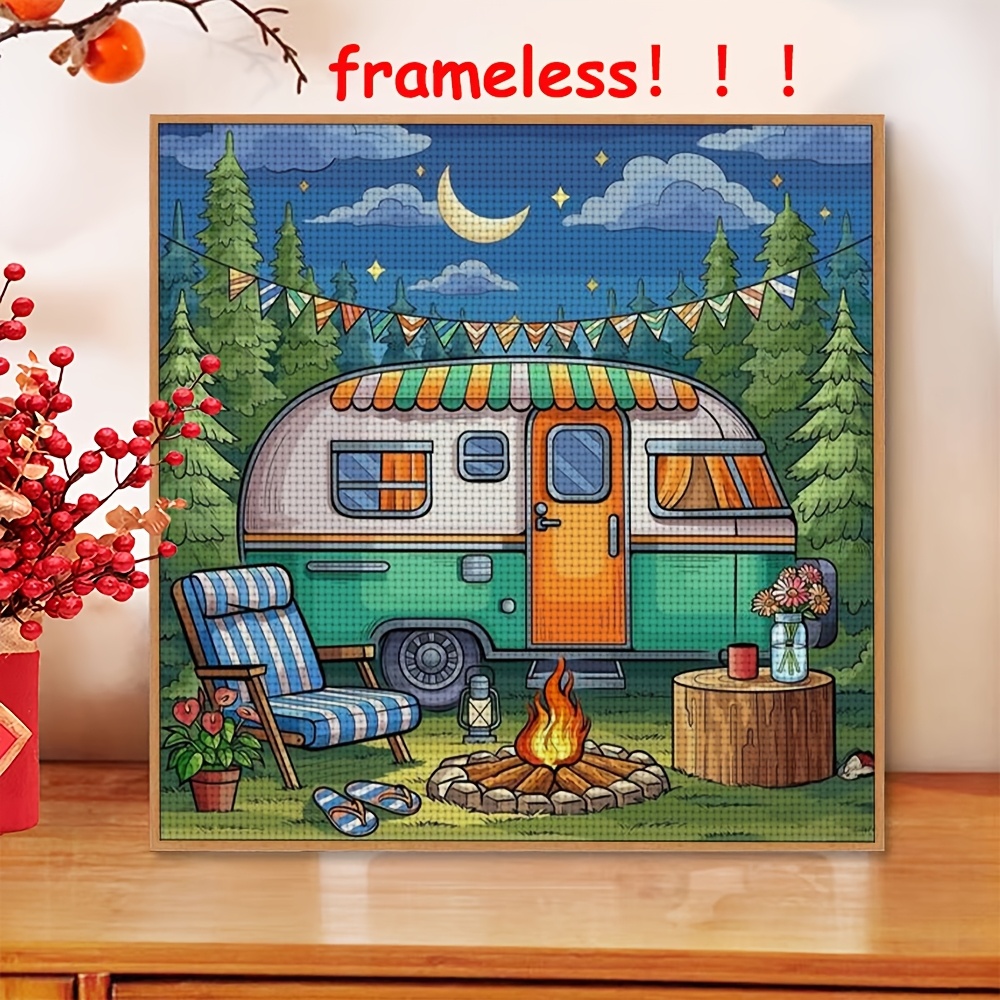 TEMU 1pc 11ct Frameless Cross Stitch Kit-night Camping With Teal And Fire, Handmade Artwork, Suitable For Adults And Beginners, Bedroom And Living