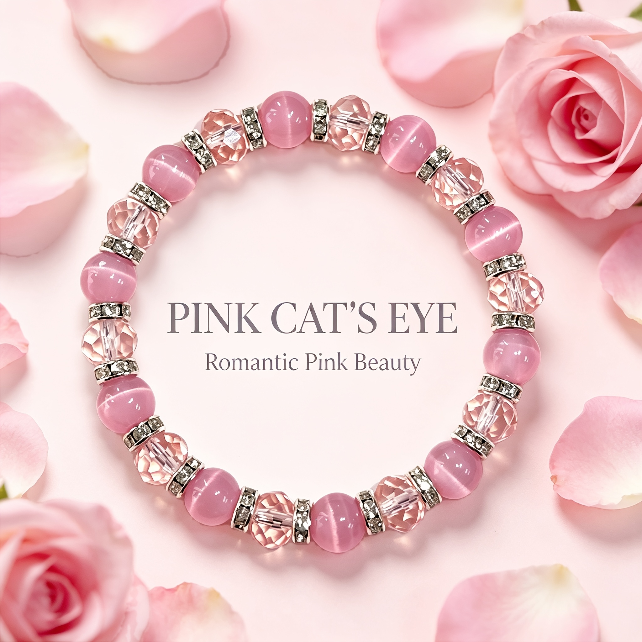 TEMU 1pc Cherry Pink Cat Eye Transparent Pink Bead Bracelet, Bracelet, Soft Light Peach Pink Cat Eye Round Beads With Cut Transparent Pink Beads,