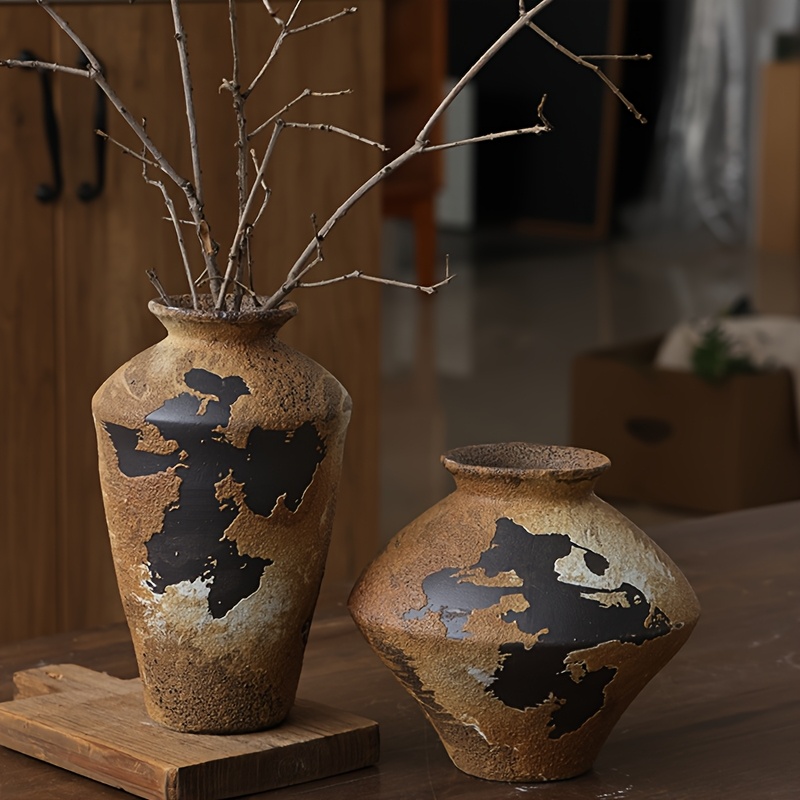 A Rustic Ceramic Vase from a Countryside Cottage - a Vintage-Style Wide-Mouth Decorative Piece, Suitable for Home, Living Room, And Dining Table Decor, Vase Home Decoration