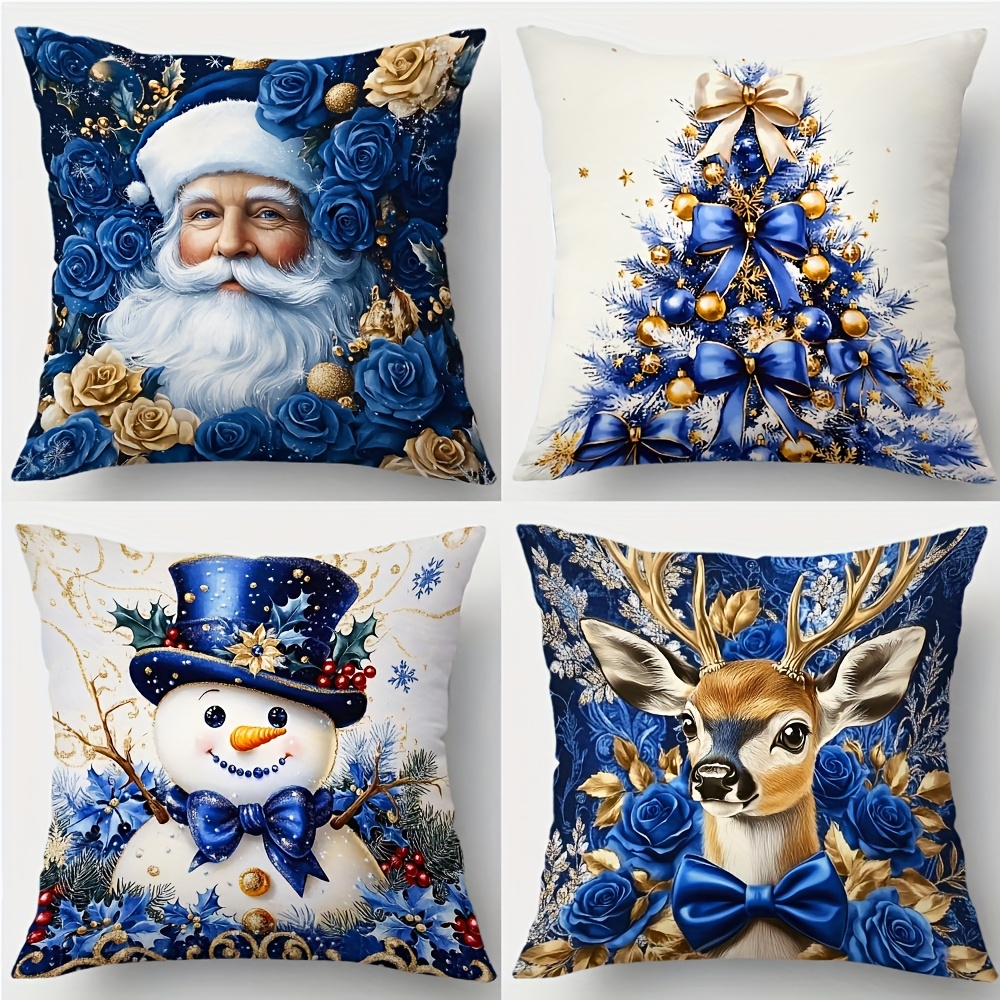 TEMU 4pcs, Printed Pillowcases, Blue Tones, With Santa Claus, Christmas Tree, Snowman, Reindeer, Golden, Blue Flowers And Bows, Elegant. Suitable For