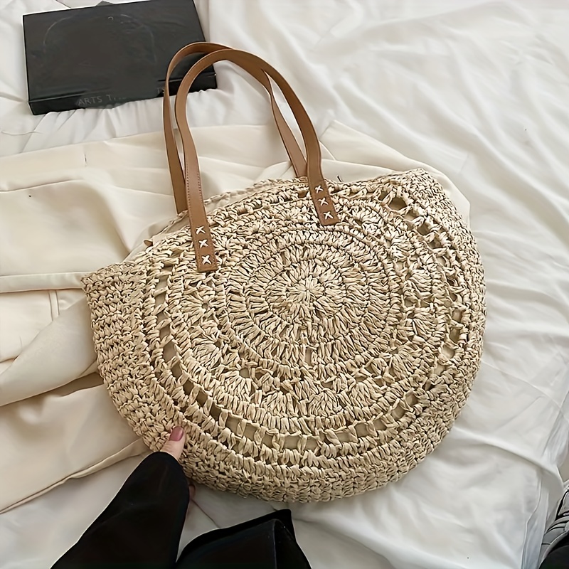 large capacity woven straw tote bag beige brown   beach vacations summer   and casual use beach tote bag elegant casual bag woven straw construction beach bag details 8