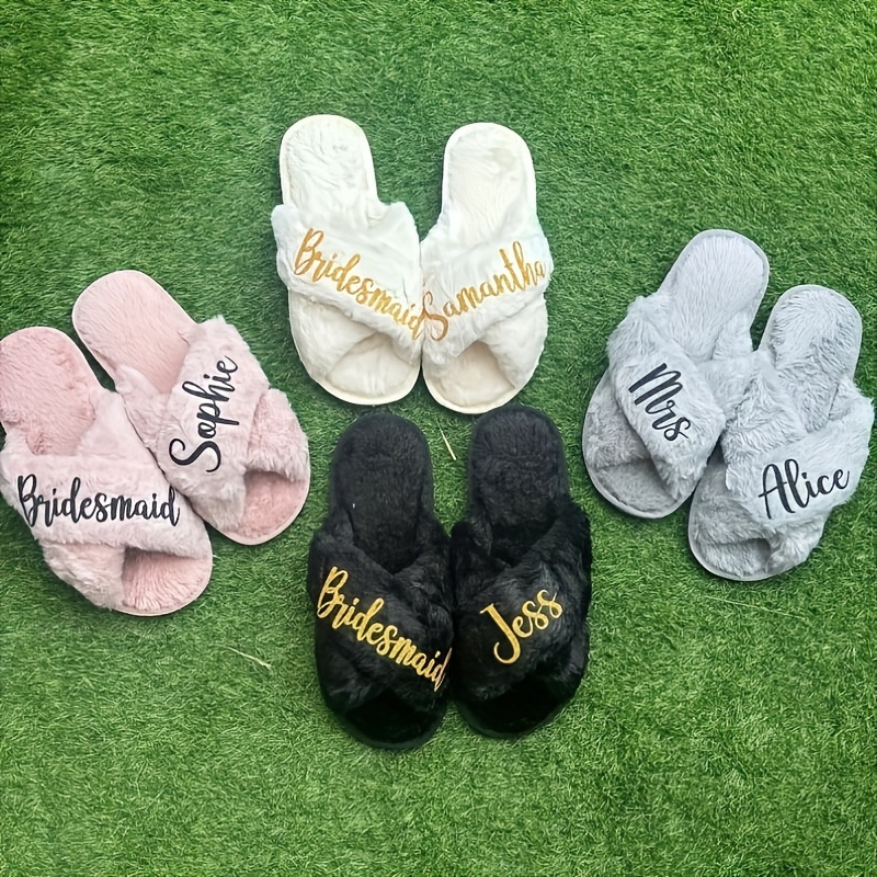 

Bridesmaid Slippers Set, Fluffy Plush Fabric Slippers With Personalized Names, Hand Washable, Non-slip Rubber Sole, Ideal For Bridal Shower And Wedding Gift