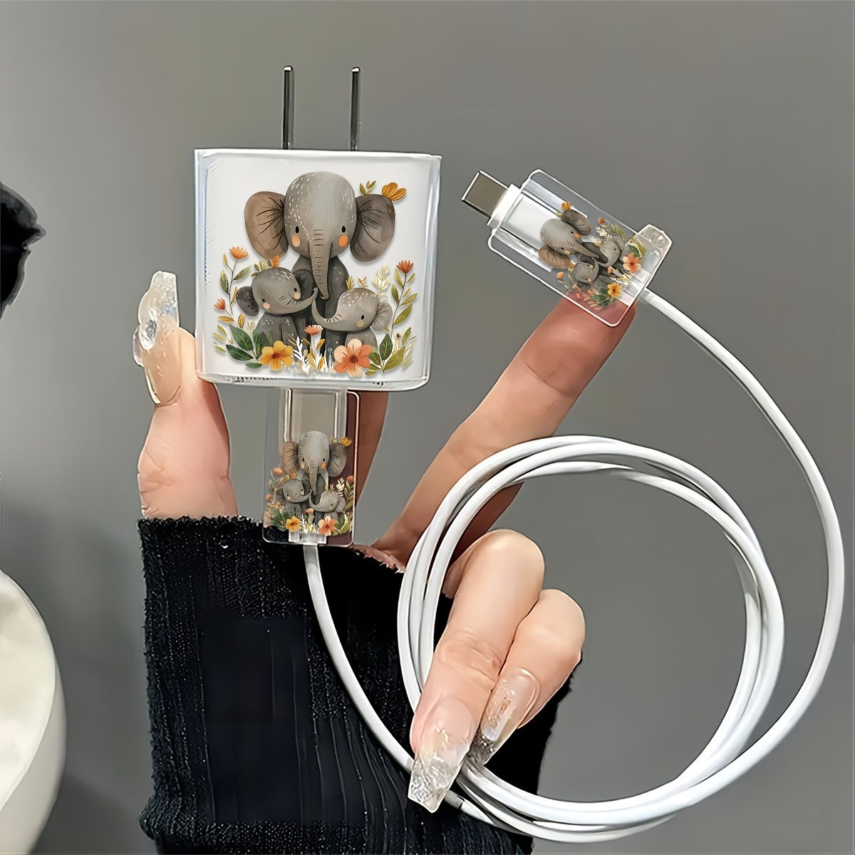 

3pcs Elephant Pattern Transparent Tpu Charger Protector Set For Iphone 18w/20w, 13/14/15 - Includes Cable & Cord Head Covers With , Ideal Gift, Elephant Decor