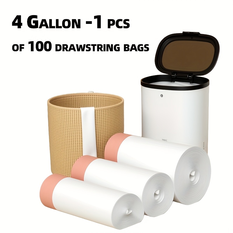 TEMU 1 Roll (100 Count) 4-gallon Heavy-duty Drawstring Plastic Trash Bags | Leak-proof Foldable Design | Bathroom/bedroom/office Bins | Space-saving & Easy .