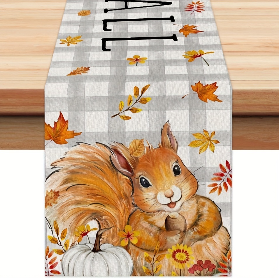 

1pc, Autumn Table Runner, Squirrel And Pumpkins Design Table Runner, Gray Plaid Burlap, Seasonal Farmhouse Decor, For Home & Outdoor Thanksgiving Dining