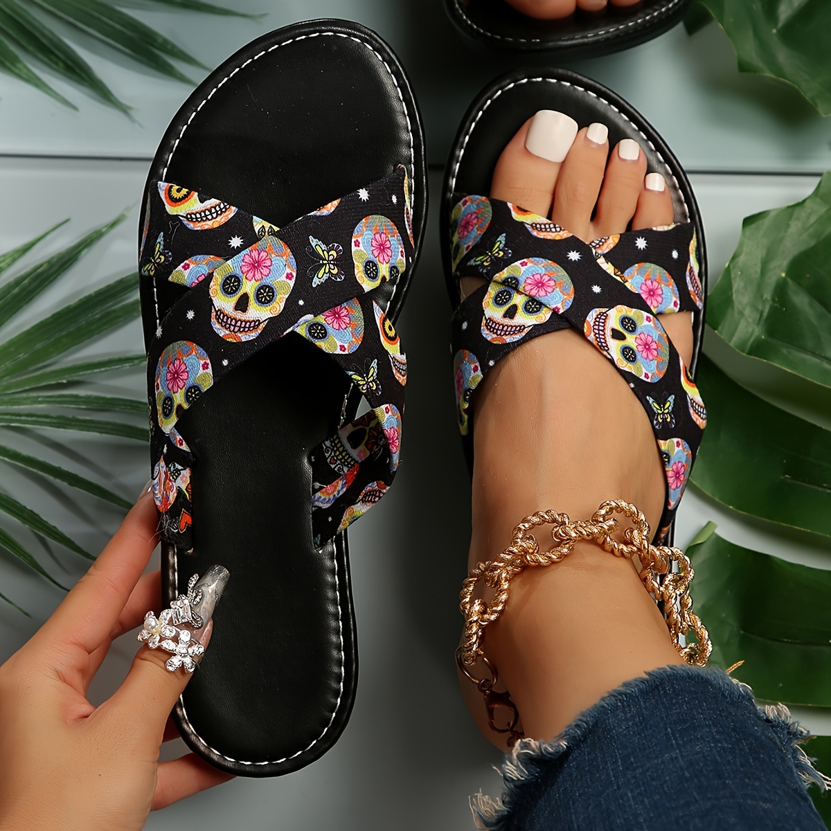 

Women's Skull Print Slide Sandals, Casual Open Toe Summer Shoes, Lightweight Beach Shoes