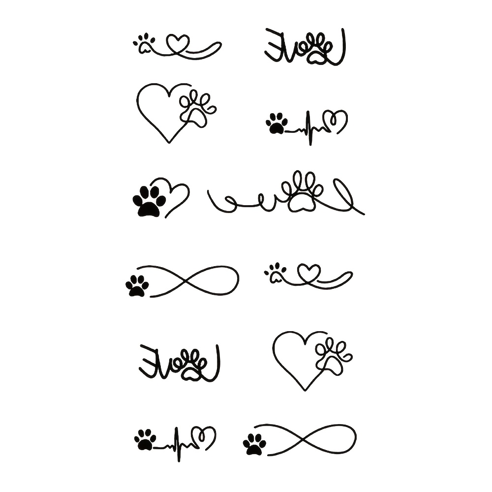 Waterproof Temporary Tattoo Sticker Black Easy Cute Pattern Paw Print Heartbeat Line Infinite Body Art Arm Fake Tattoos Sleeve For Women Men Fingers Hands Wrists Neck Shoulders Ankles