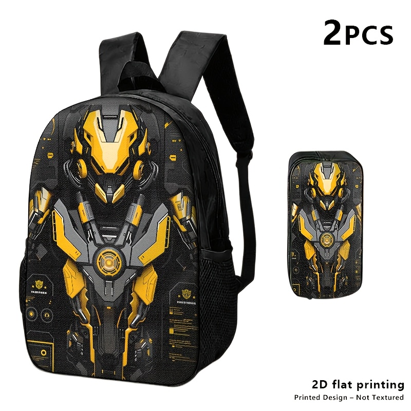 TEMU Printed Design-not Textured 1/2/3pcs Robot-themed Backpack, Shoulder Bag, And Pouch With 2d Print; Black- Design For Urban Users, Ideal For