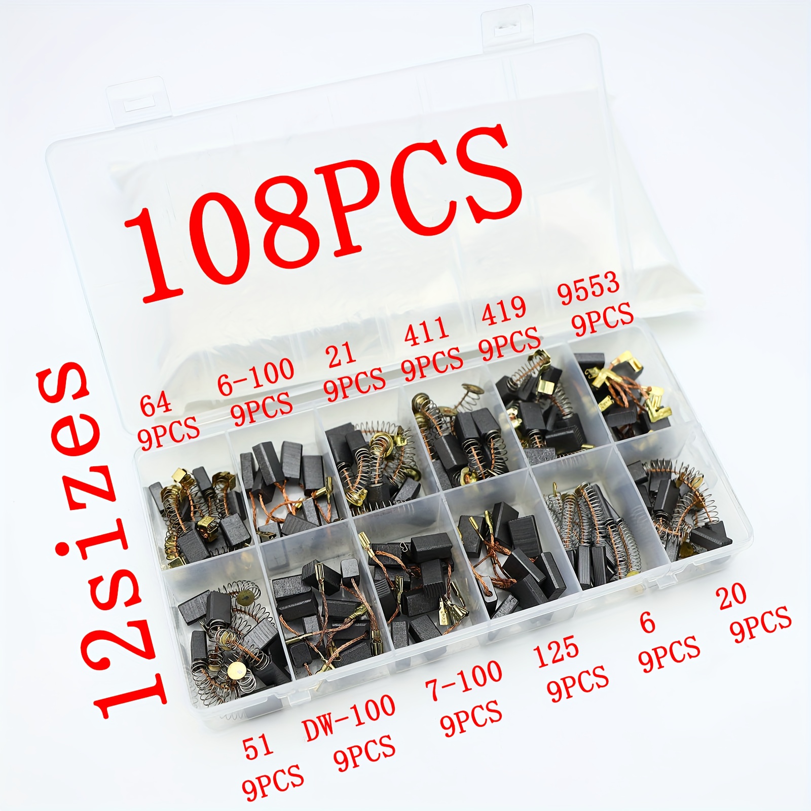 108 Carbon Brushes, Electric Tool Carbon Brush Set Replacement Kit, With 12 Different Sizes For , And Replacement Of Electric Tools.