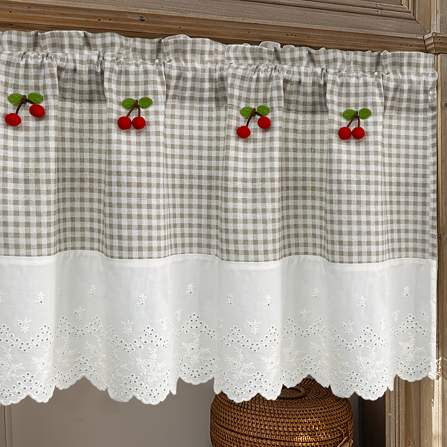 Image of 1 Panel Rustic Style Cherry Short Valance Curtain, Classic With Stitched Flower Embroidery Lace, Vintage Coffee Half Curtain For Kitchen, Den, Sink Shade - Rod , Light-filtering Fabric