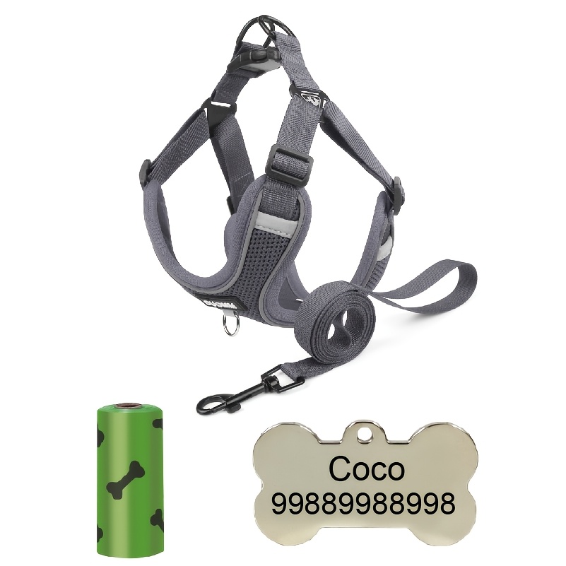 4pcs Set Pet ID Tags and Breathable Dog Harness